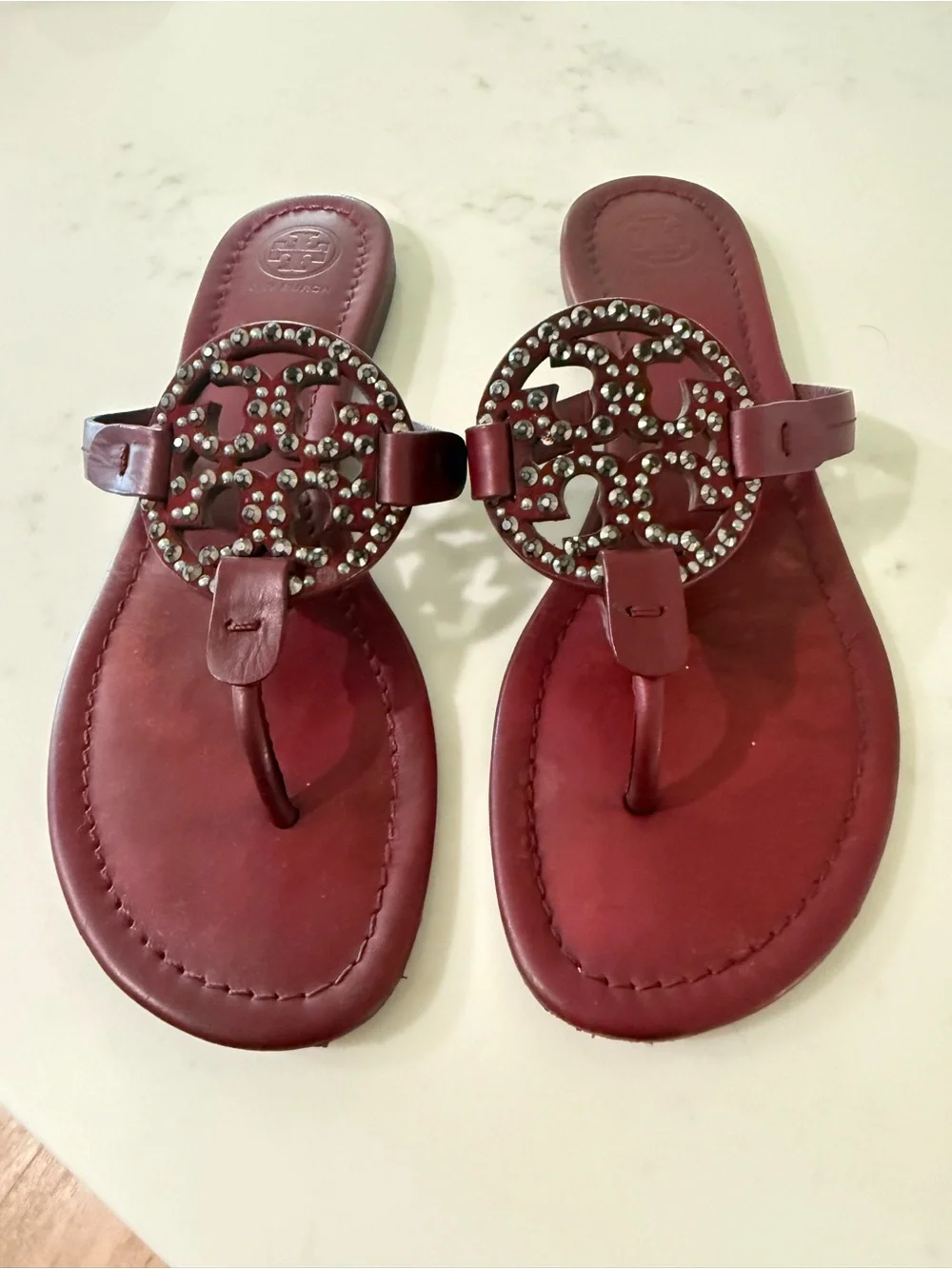 Tory Burch Burgundy Leather Miller Logo Sandals with Stud Accents
